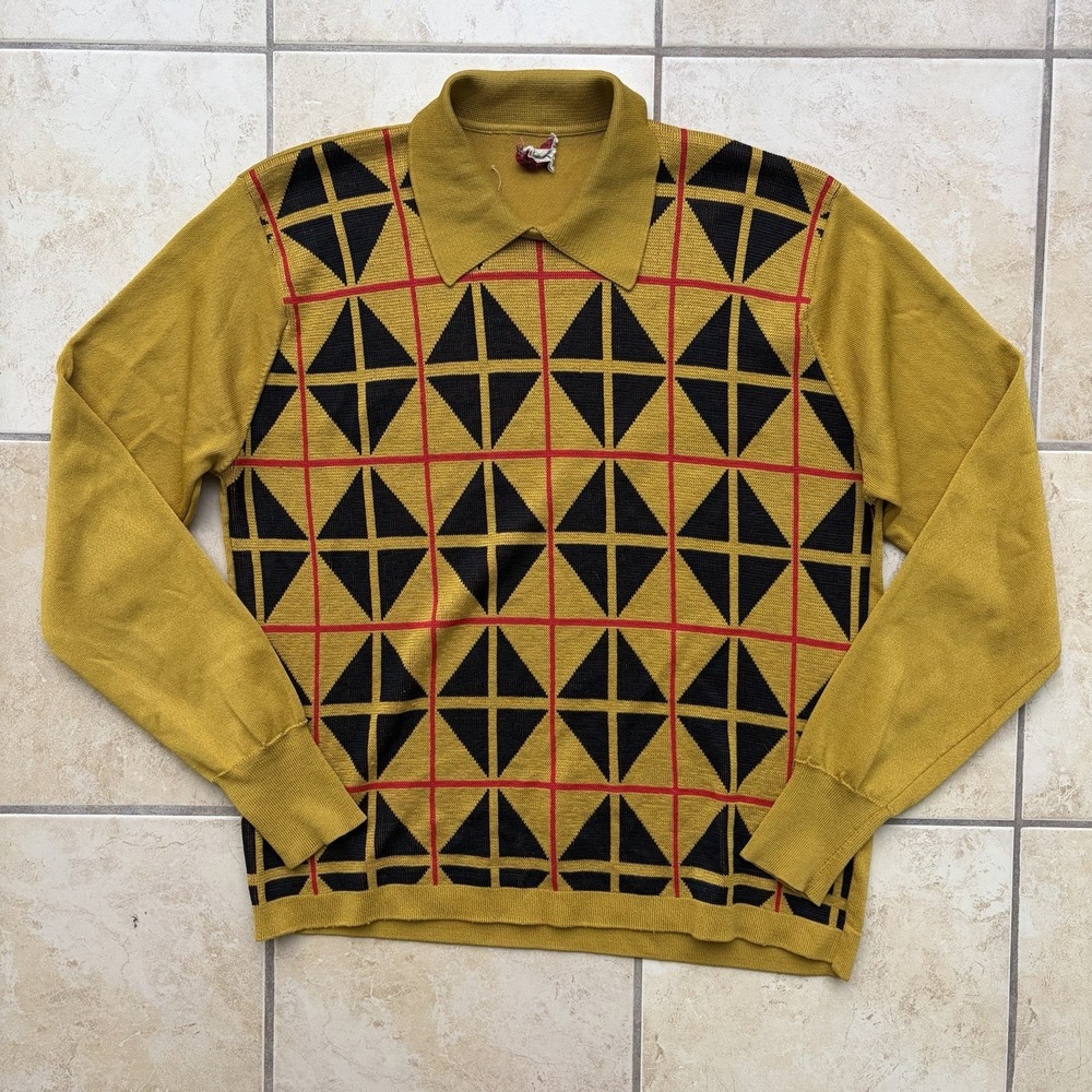 Vtg Donegal Coleseta Polo Sweater Mens Large Mustard Gold Mod Atomic Knit 60s
